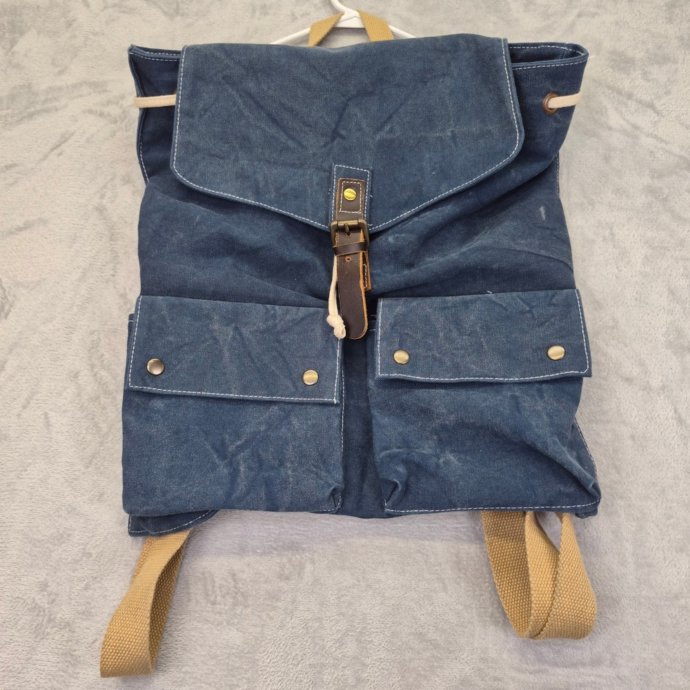 Cargoit Blue Canvas Rucksack Backpack Vintage Style Leather Trim Cargo Pockets